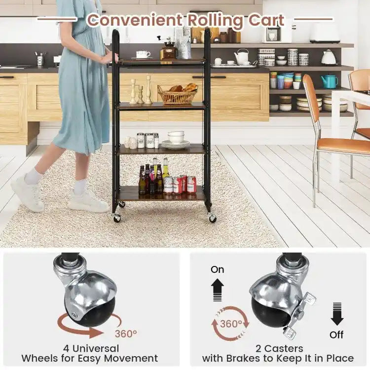 Chariot Roulant Pliable avec Étagères de Rangement pour Cuisine - 4 Niveaux - 26 x 16 x 52 (L x l x H)