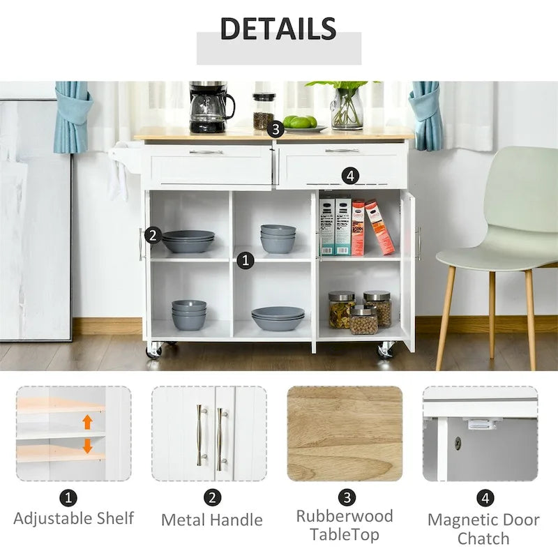 Îlot de cuisine mobile en bois avec rangement et étagères réglables - S/O