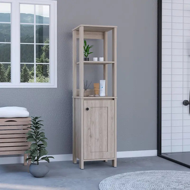 Meuble de rangement à une porte , deux étagères intérieures, deux étagères ouvertes, chêne clair/blanc