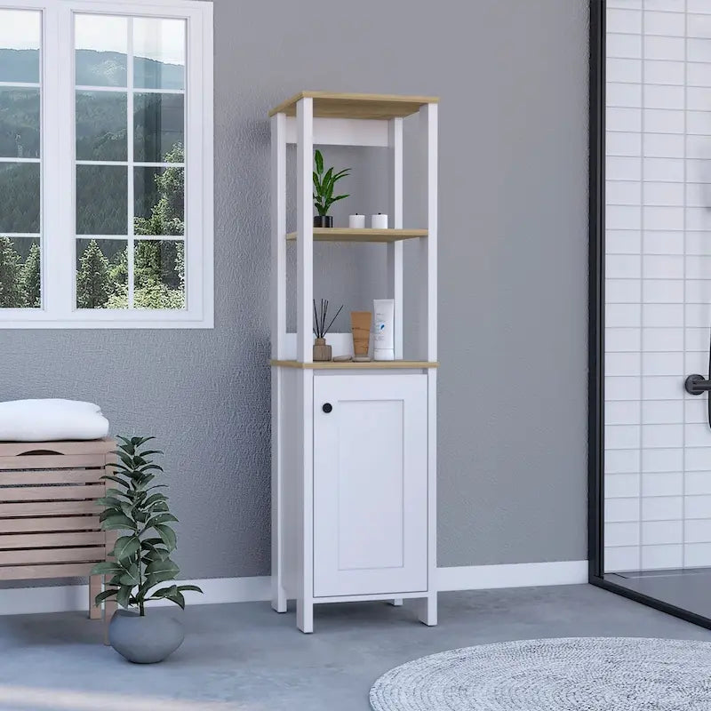 Meuble de rangement à une porte , deux étagères intérieures, deux étagères ouvertes, chêne clair/blanc