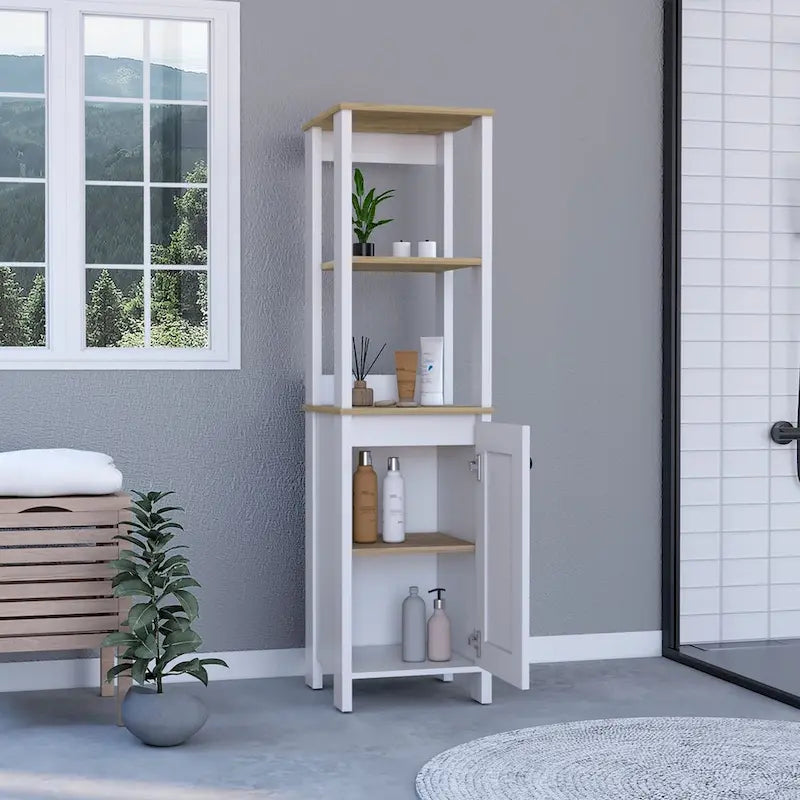 Meuble de rangement à une porte , deux étagères intérieures, deux étagères ouvertes, chêne clair/blanc