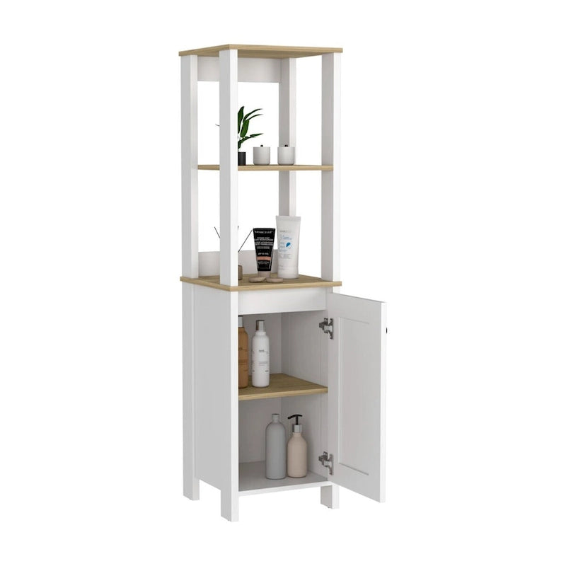 Meuble de rangement à une porte , deux étagères intérieures, deux étagères ouvertes, chêne clair/blanc
