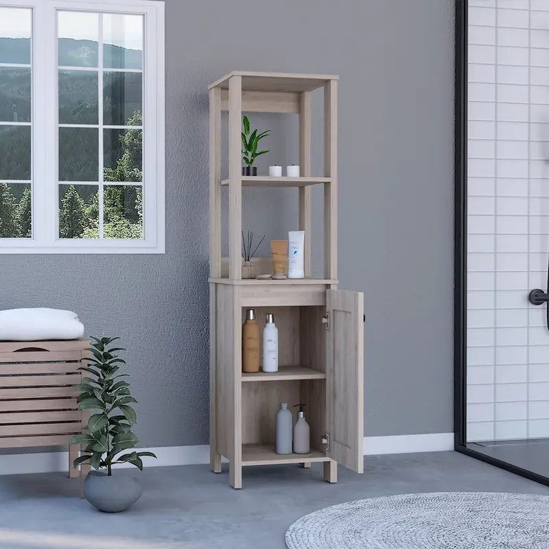 Meuble de rangement à une porte , deux étagères intérieures, deux étagères ouvertes, chêne clair/blanc