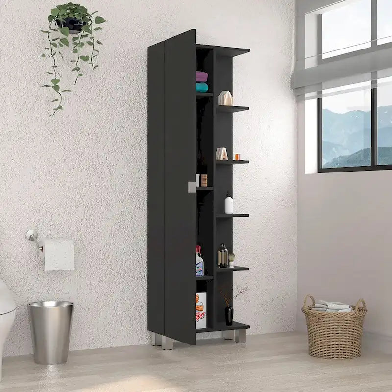 Meuble haut de salle de bain miroir en lin, quatre étagères intérieures, cinq étagères extérieures – Noir