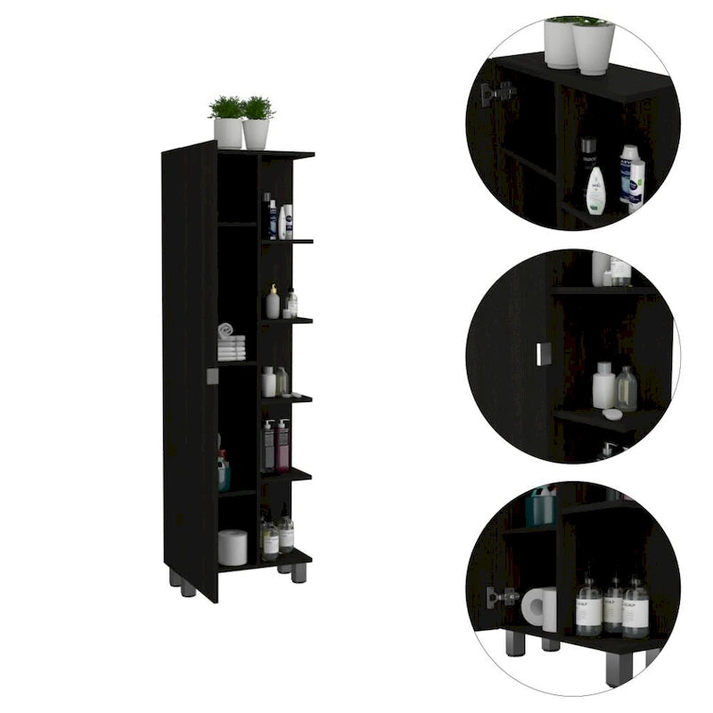Meuble haut de salle de bain miroir en lin, quatre étagères intérieures, cinq étagères extérieures – Noir