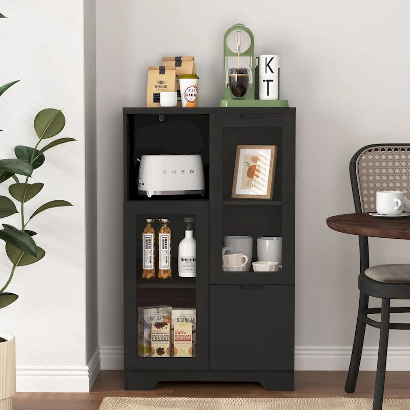 Meuble bas en bois avec 2 portes vitrées et 2 compartiments de rangement