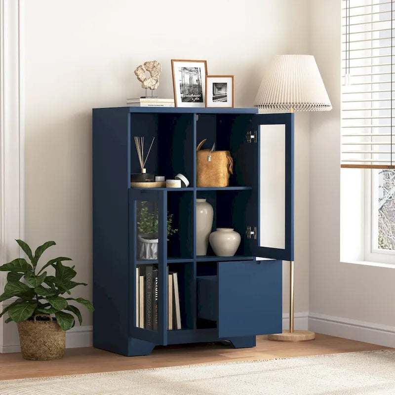 Meuble bas en bois avec 2 portes vitrées et 2 compartiments de rangement