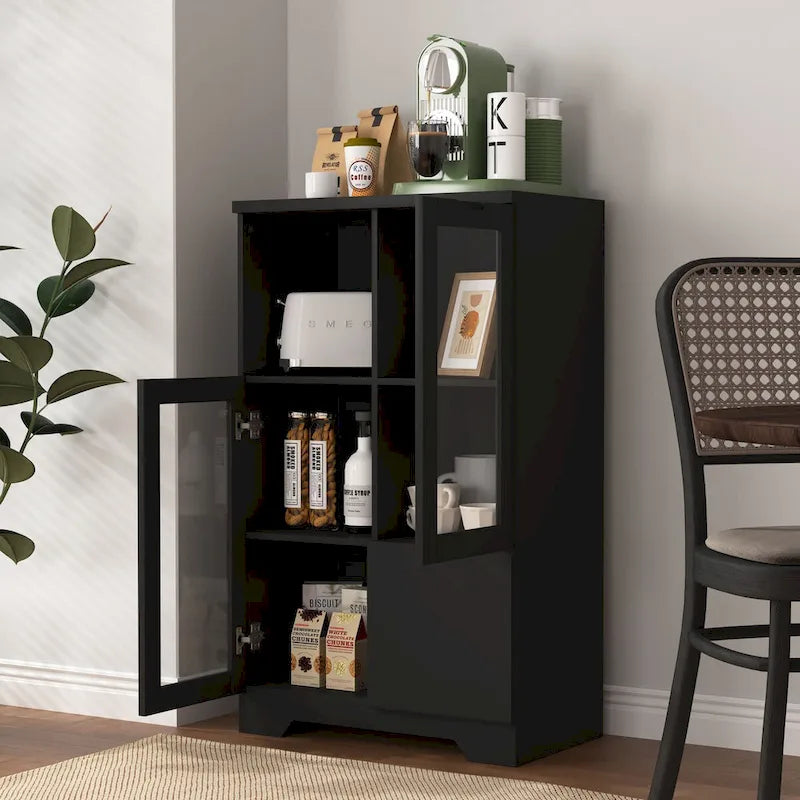 Meuble bas en bois avec 2 portes vitrées et 2 compartiments de rangement