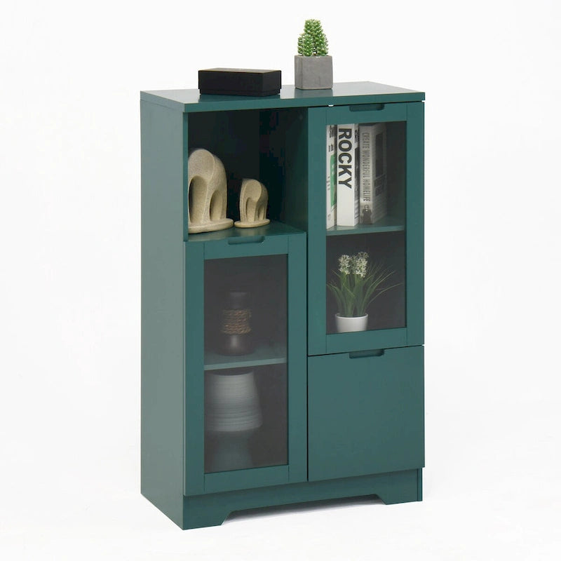 Meuble bas en bois avec 2 portes vitrées et 2 compartiments de rangement