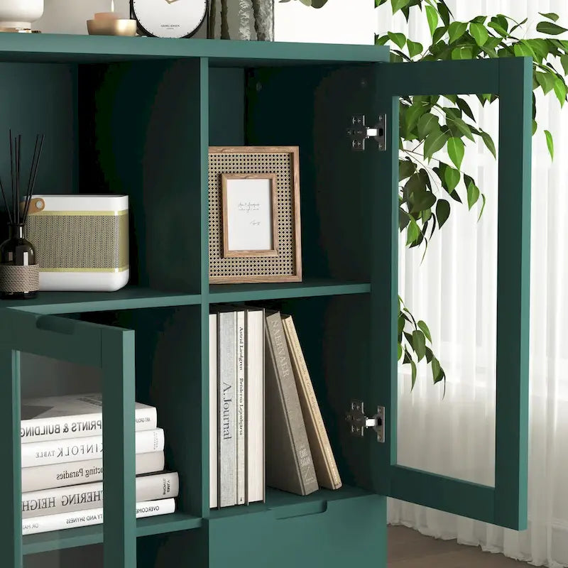 Meuble bas en bois avec 2 portes vitrées et 2 compartiments de rangement