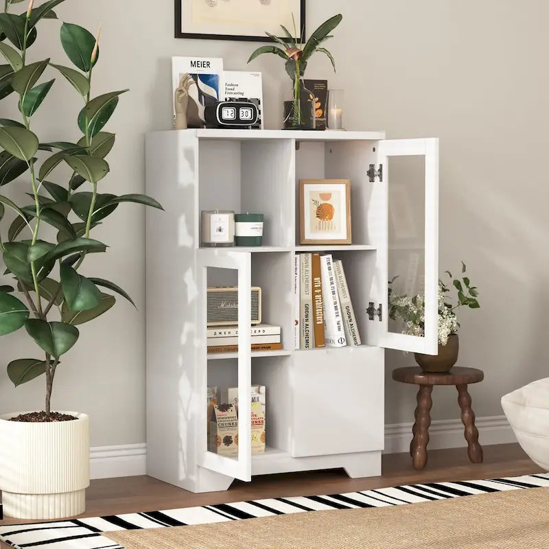 Meuble bas en bois avec 2 portes vitrées et 2 compartiments de rangement
